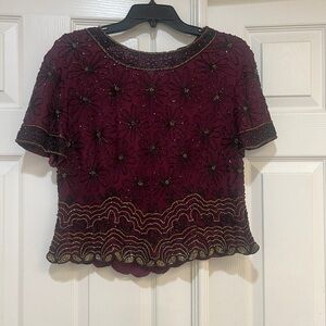 Adrianna Papell Boutique Evening Top Silk  Beaded Ornate Burgundy Blouse Size 6‎
